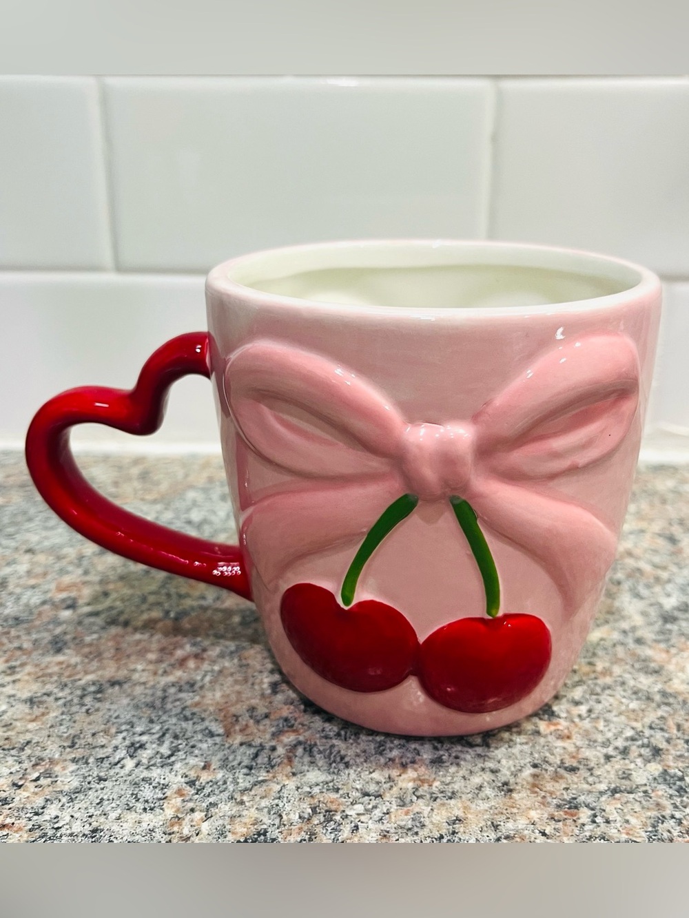 Pink Cherry Bow Coffee Mug with Red Heart Handle Cup